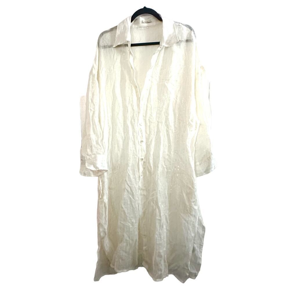 VITAMIN A Playa Linen Shirt Dress Shell Buttons Off-White Metallic Silver - L